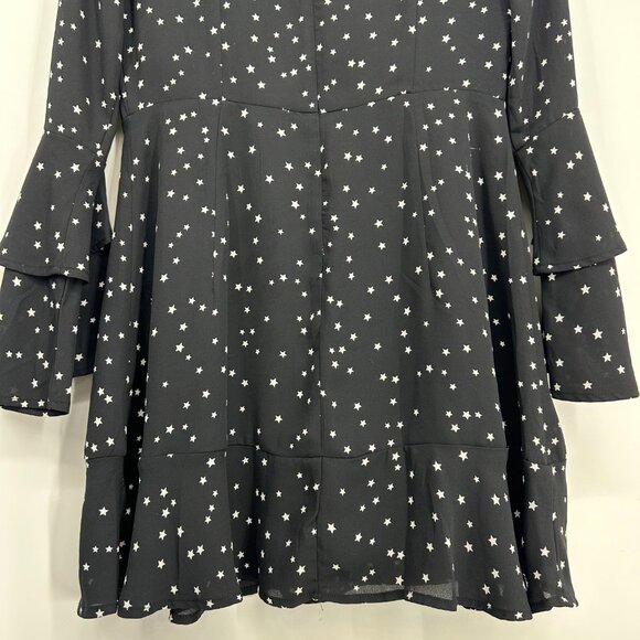 Lucky Brand Star Print Mini Dress M Long Bell Sleeves A Line Black - Picture 10 of 12
